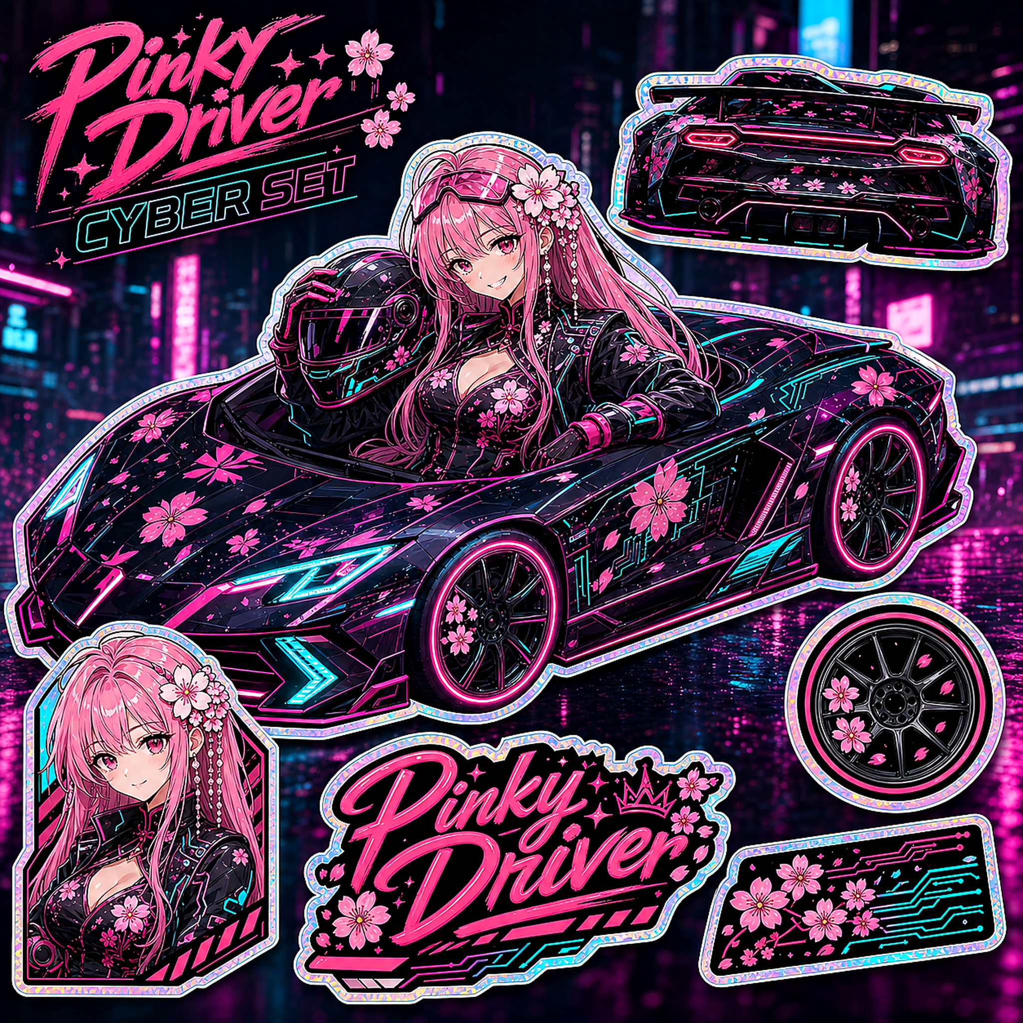 Pinky Driver Cyberpunk Rain Hypercar Sticker Set product view 1