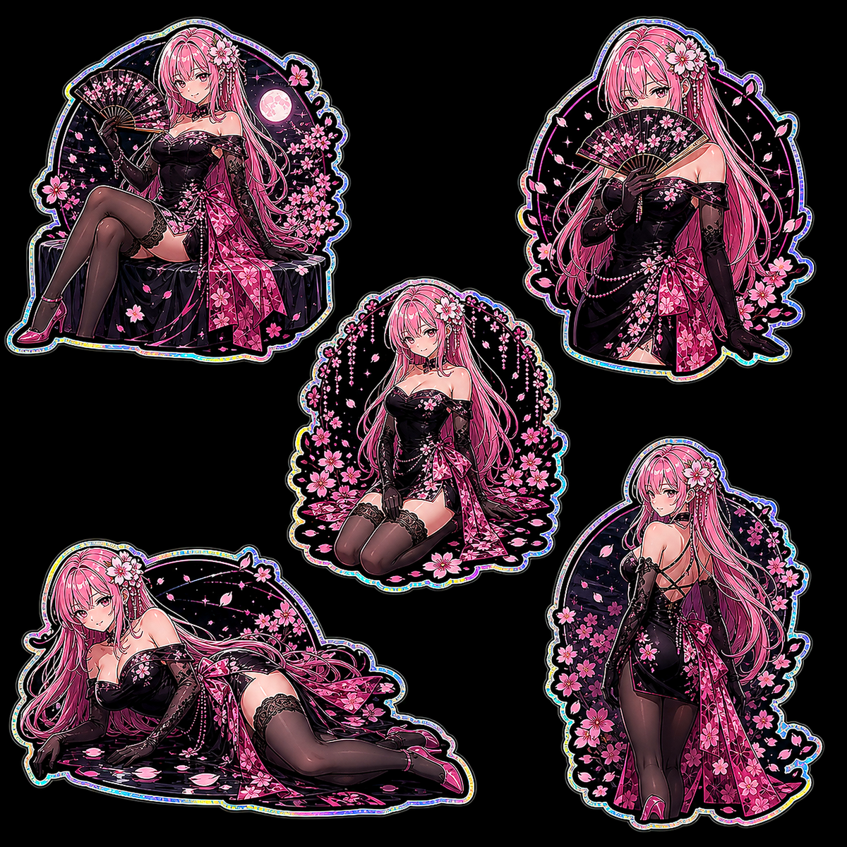 Pinky Driver Moonlit Sakura Couture Sticker Set complete five-pose sticker sheet