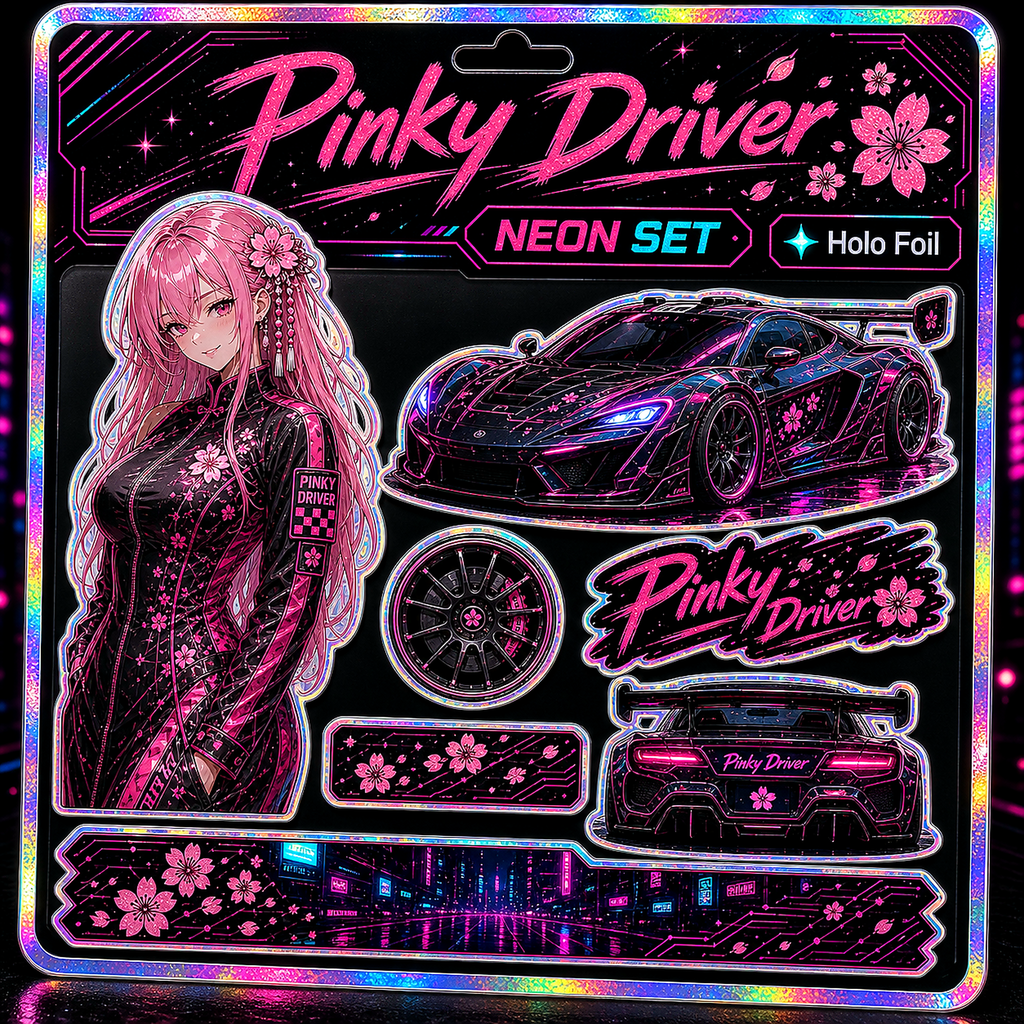 Pinky Driver Cyber Neon sticker set flat lay