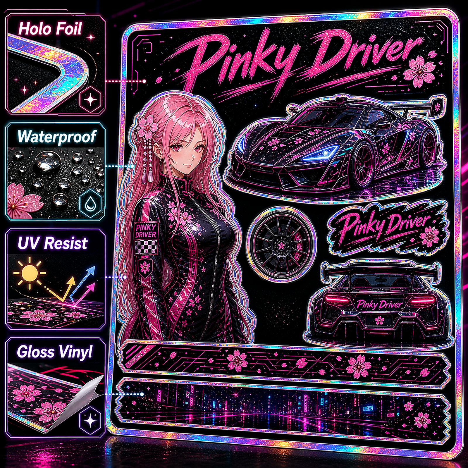 Pinky Driver Cyber Neon sticker set feature detail