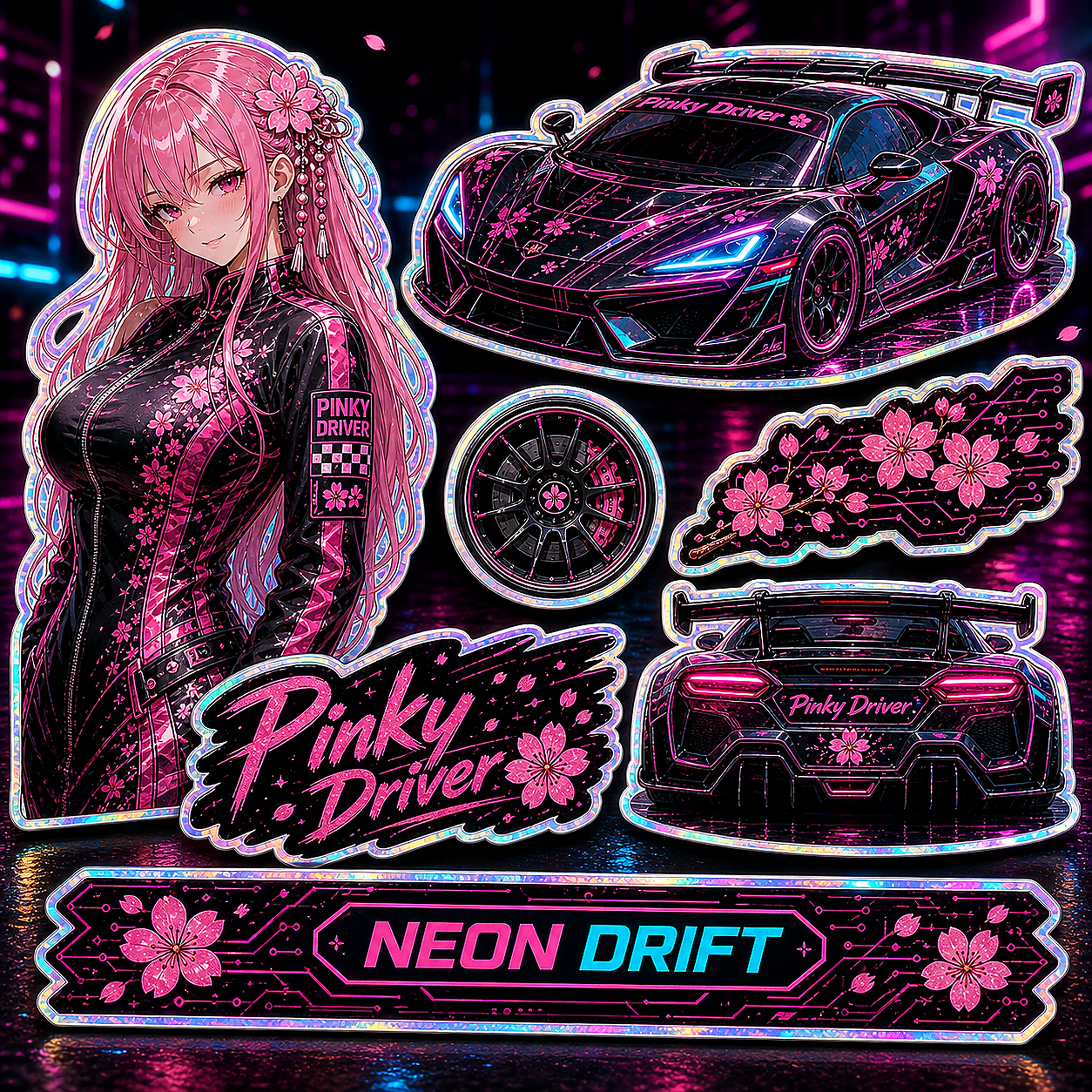 Pinky Driver Cyber Neon sticker set application view