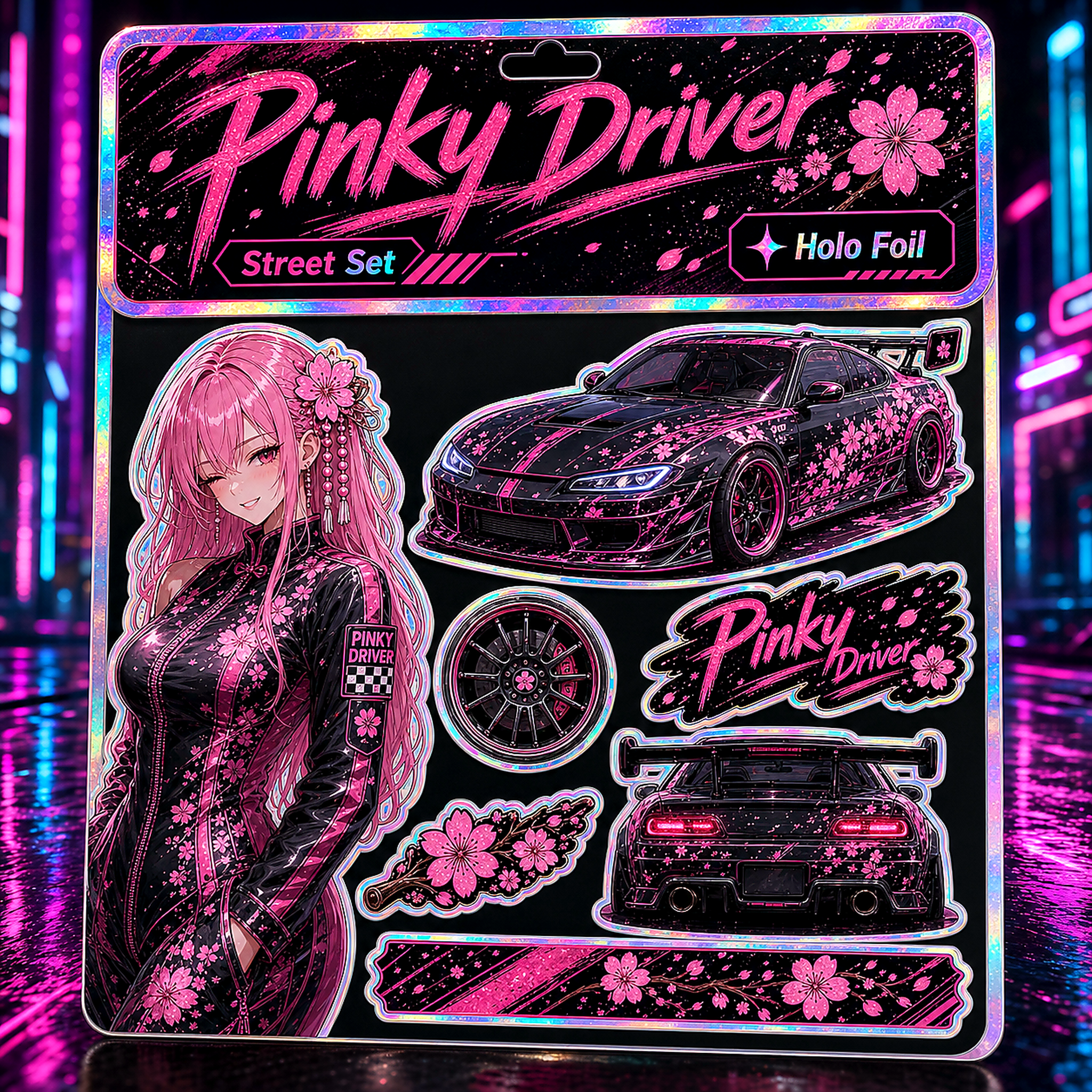 Pinky Driver Neon Street sticker set flat lay