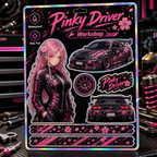 Pinky Driver Racing Garage sticker set flat lay