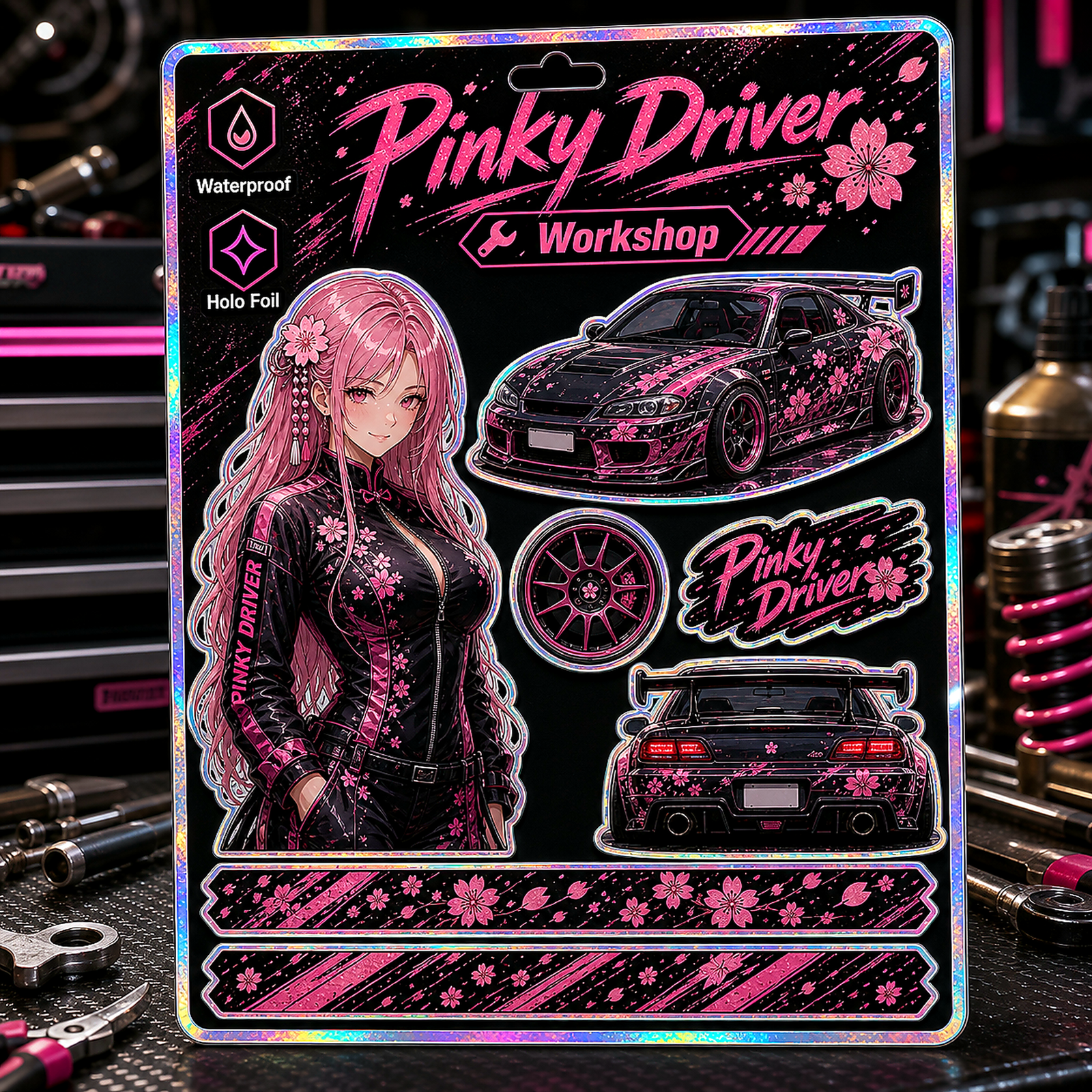 Pinky Driver Racing Garage sticker set flat lay