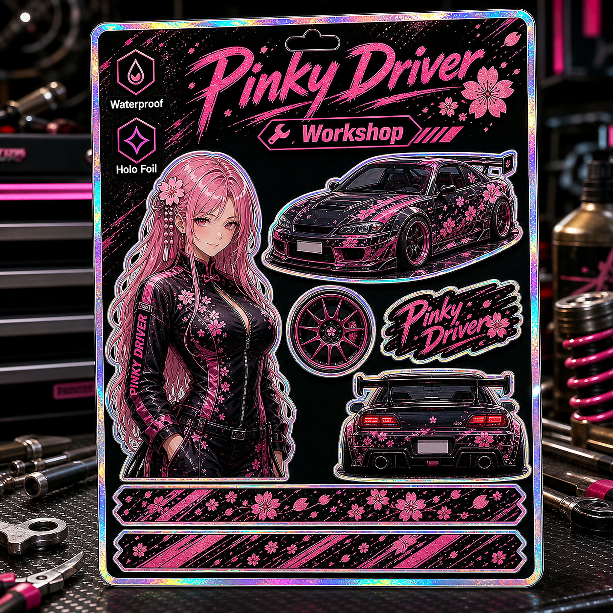 Pinky Driver Racing Garage sticker set flat lay