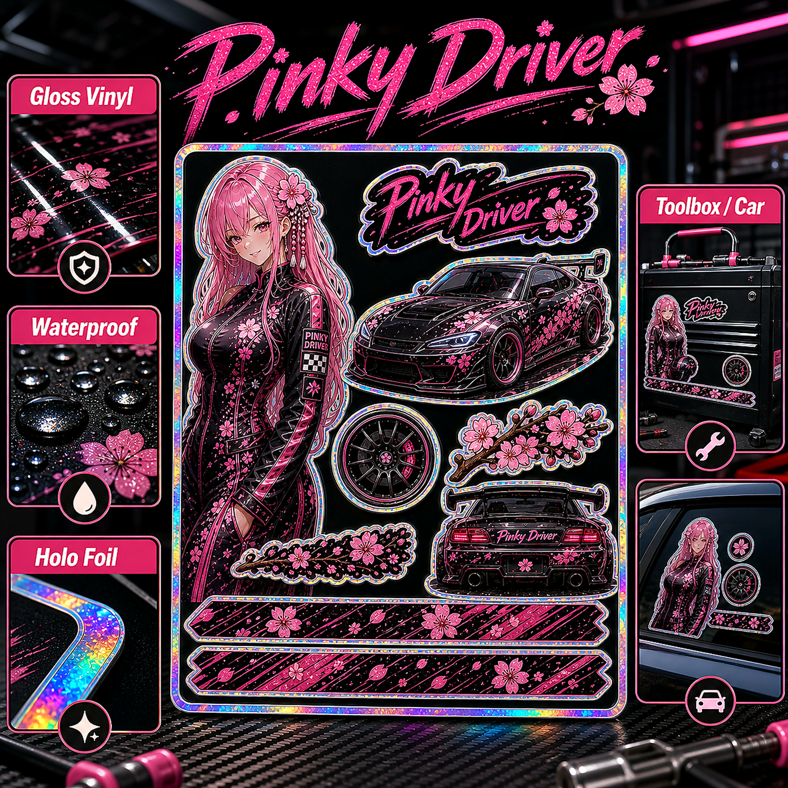 Pinky Driver Racing Garage sticker set feature detail