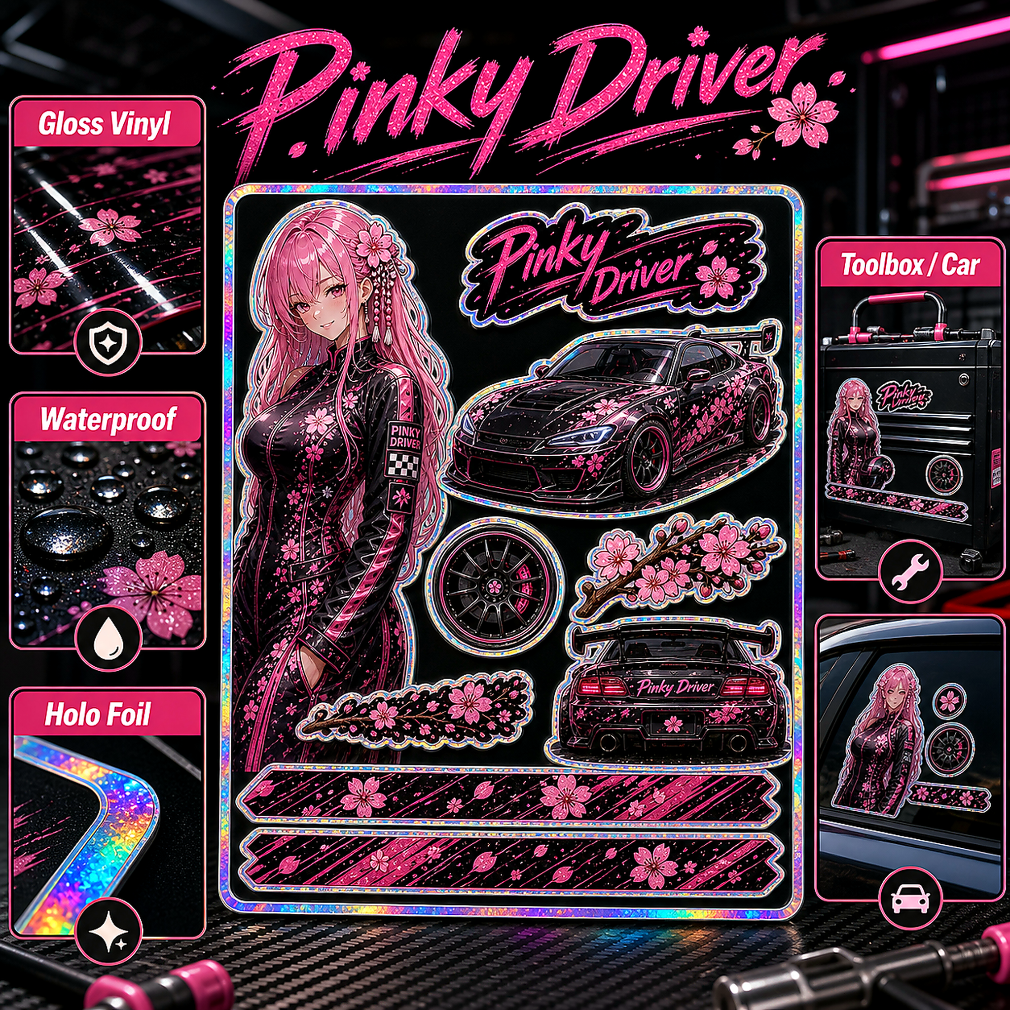 Pinky Driver Racing Garage sticker set feature detail