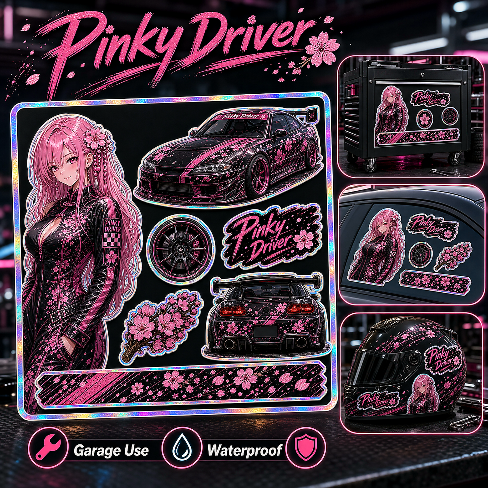 Pinky Driver Racing Garage sticker set application view