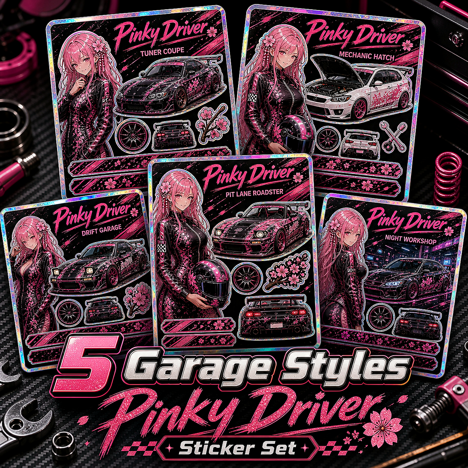 Pinky Driver Racing Garage sticker set bundle view