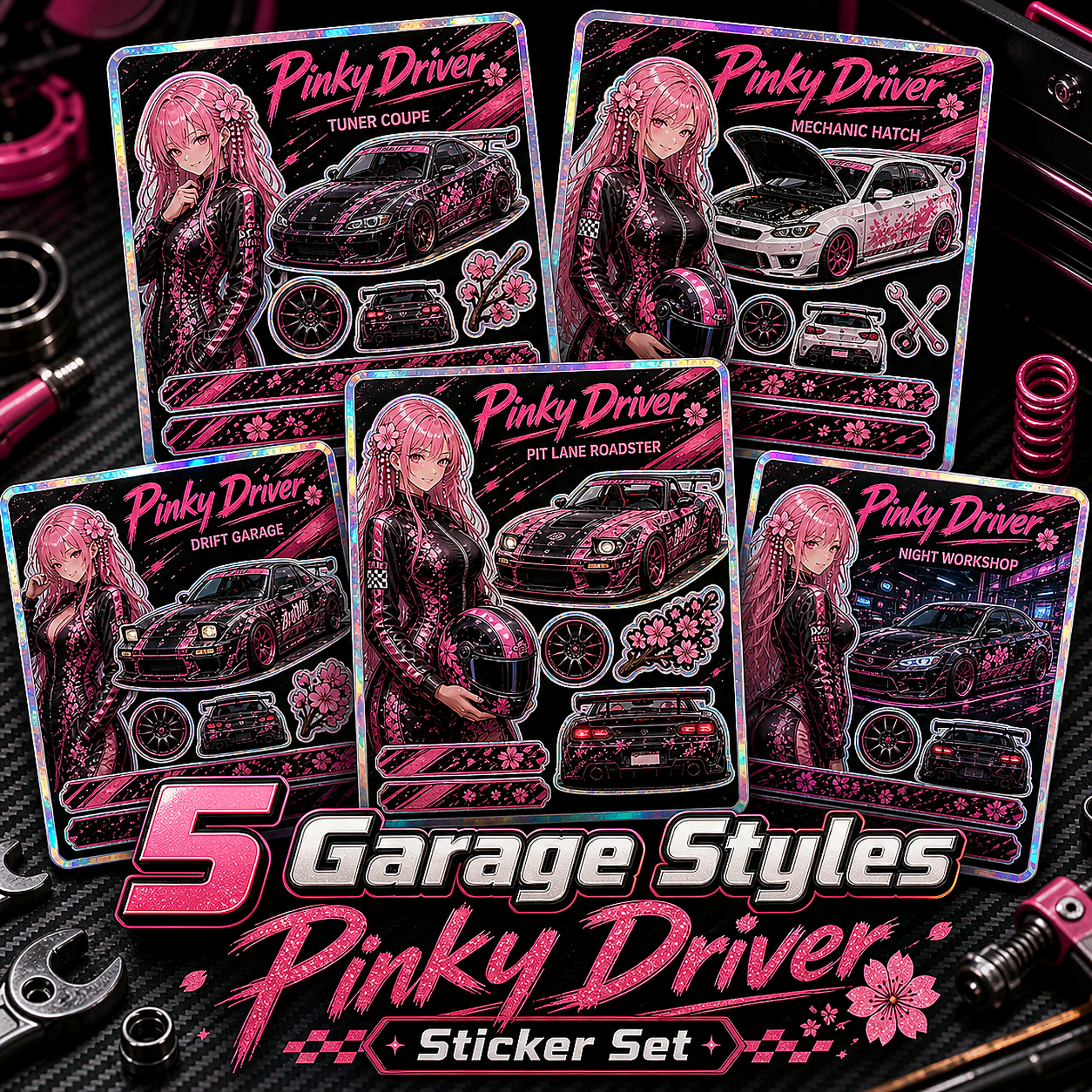 Pinky Driver Racing Garage sticker set bundle view