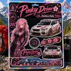 Pinky Driver Rally Outdoor sticker set flat lay