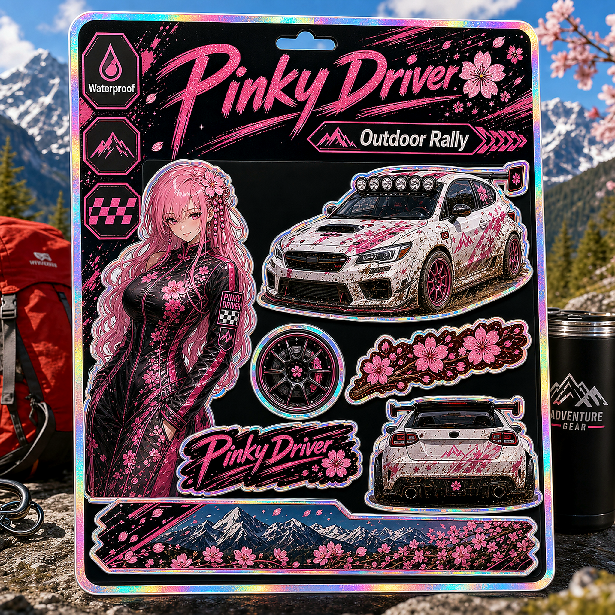 Pinky Driver Rally Outdoor sticker set flat lay