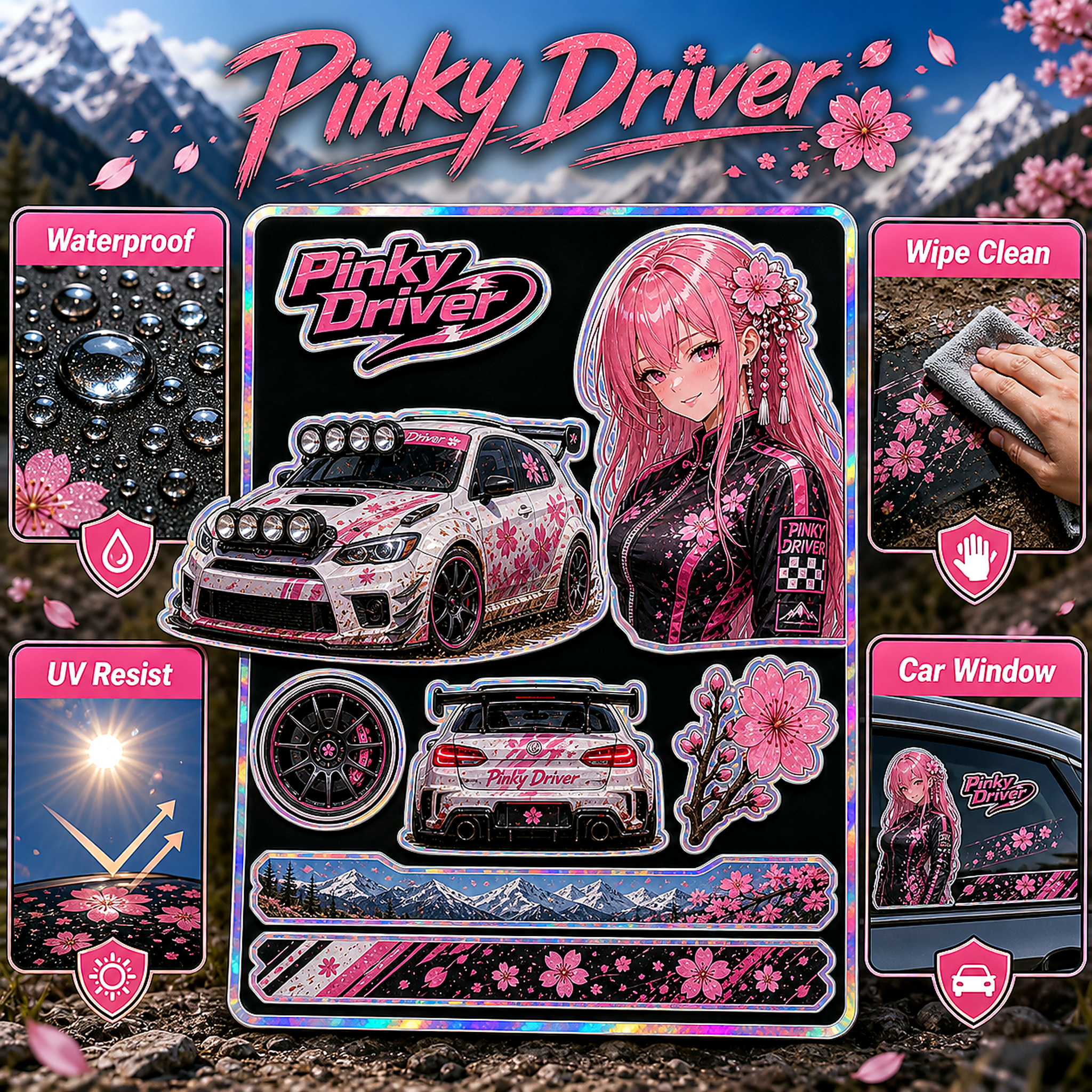 Pinky Driver Rally Outdoor sticker set feature detail