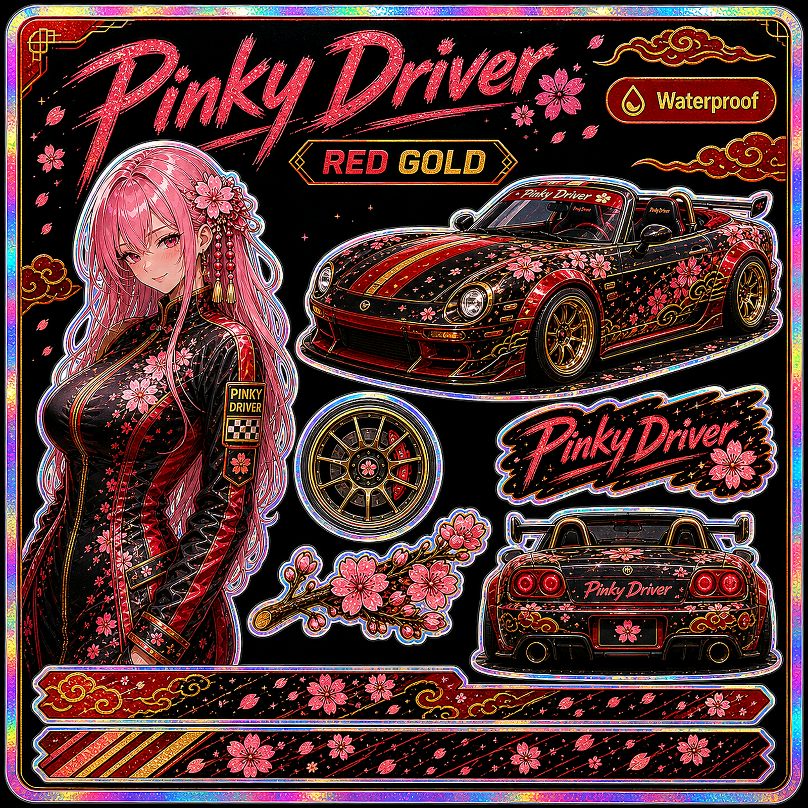 Pinky Driver Red Gold Racing sticker set hero