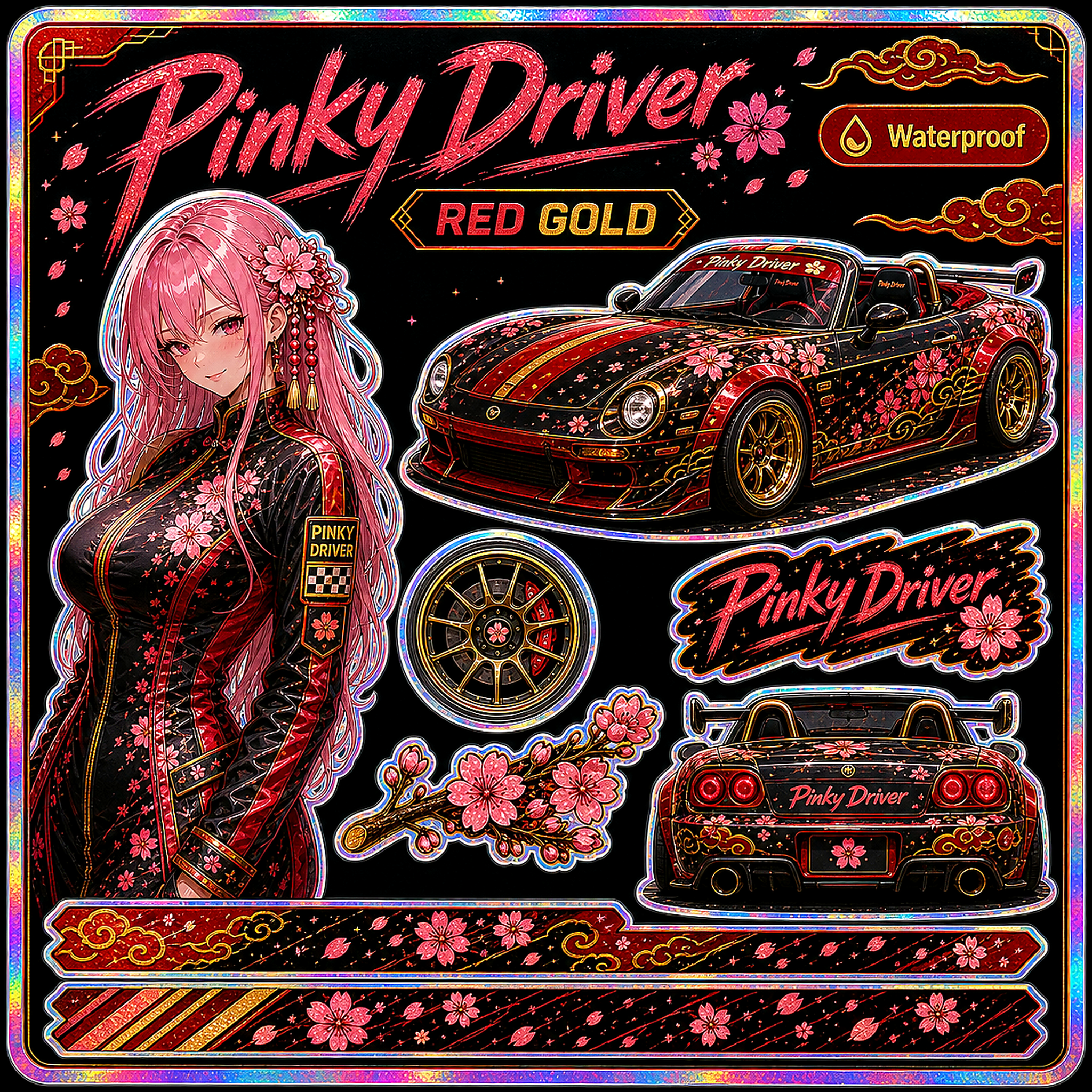 Pinky Driver Red Gold Racing sticker set hero