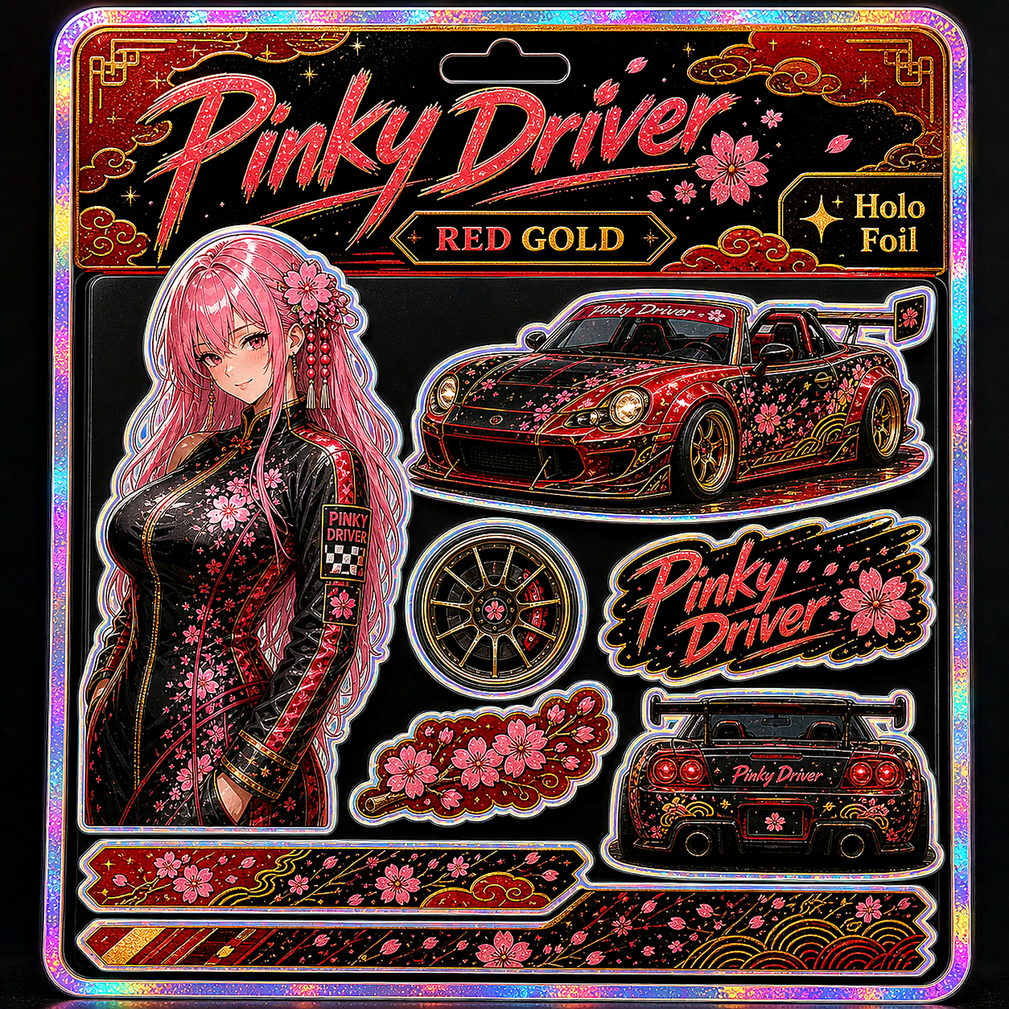 Pinky Driver Red Gold Racing sticker set flat lay