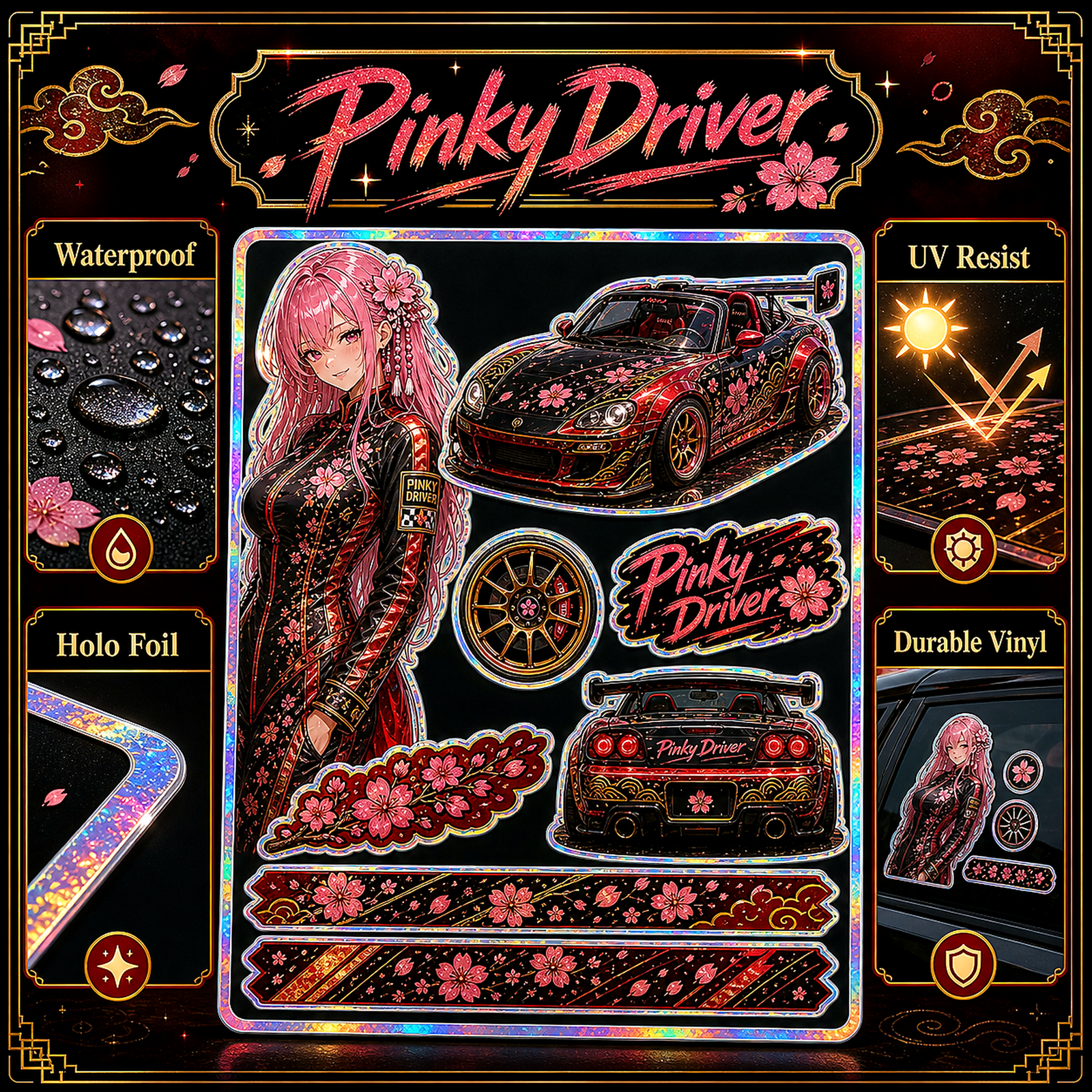 Pinky Driver Red Gold Racing sticker set feature detail
