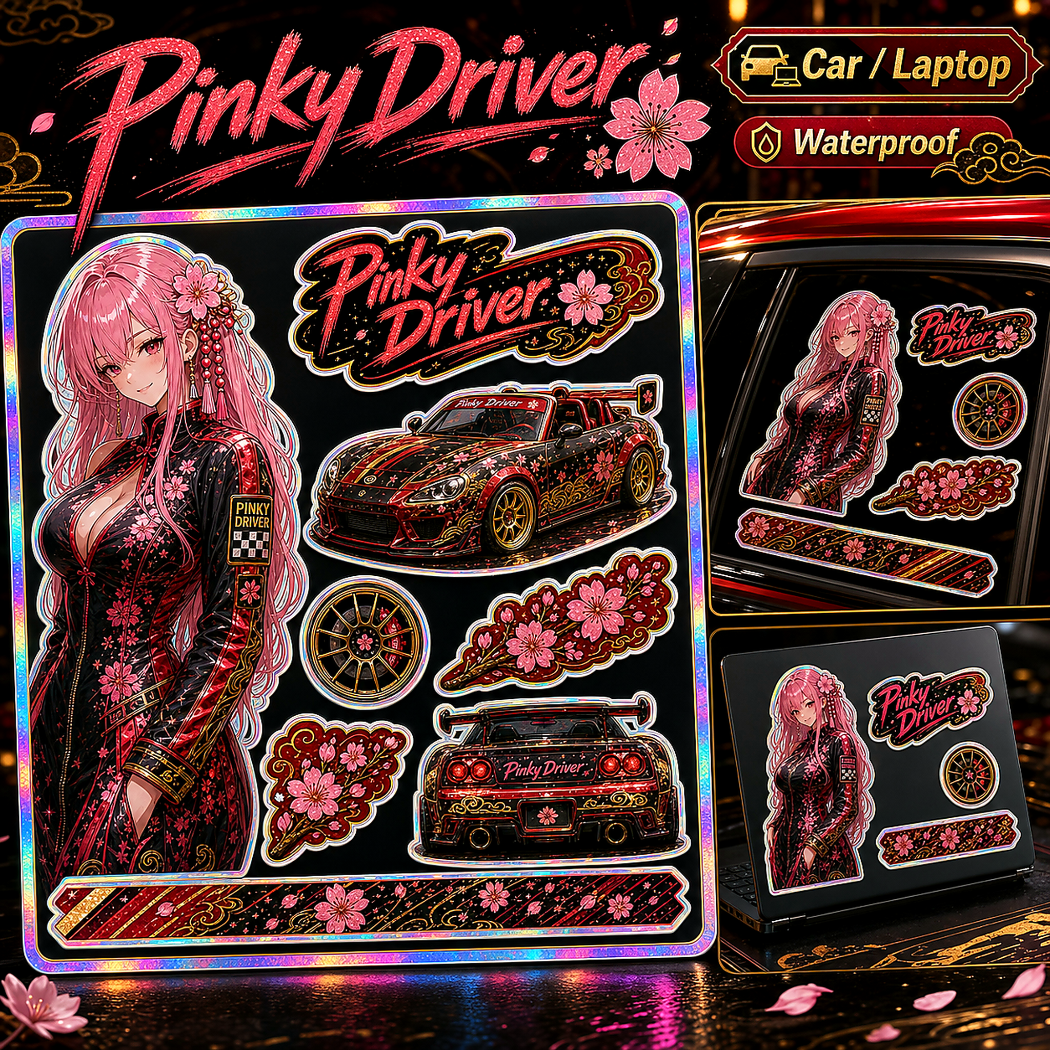 Pinky Driver Red Gold Racing sticker set application view
