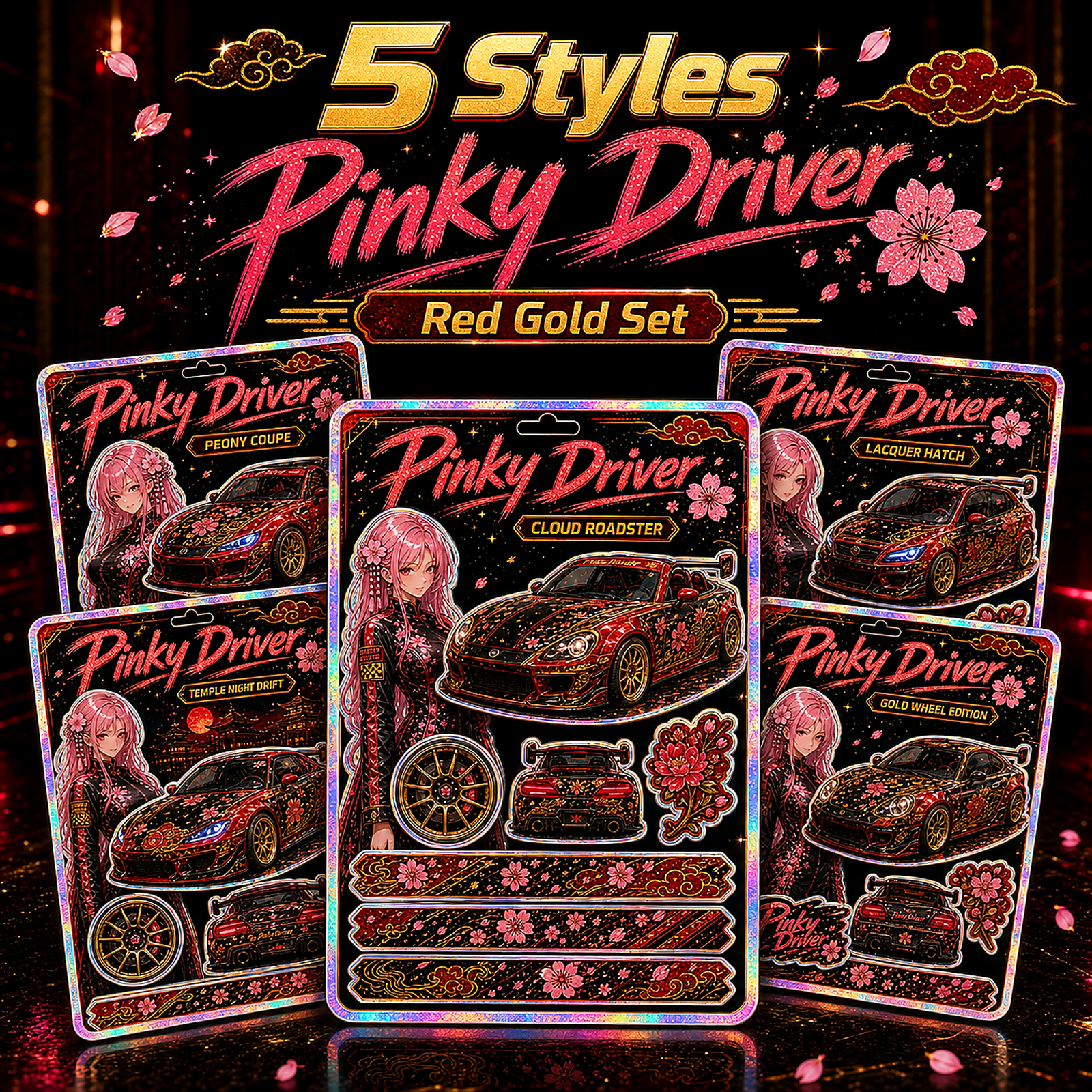 Pinky Driver Red Gold Racing sticker set bundle view