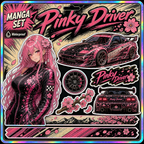 Pinky Driver Retro Manga sticker set flat lay