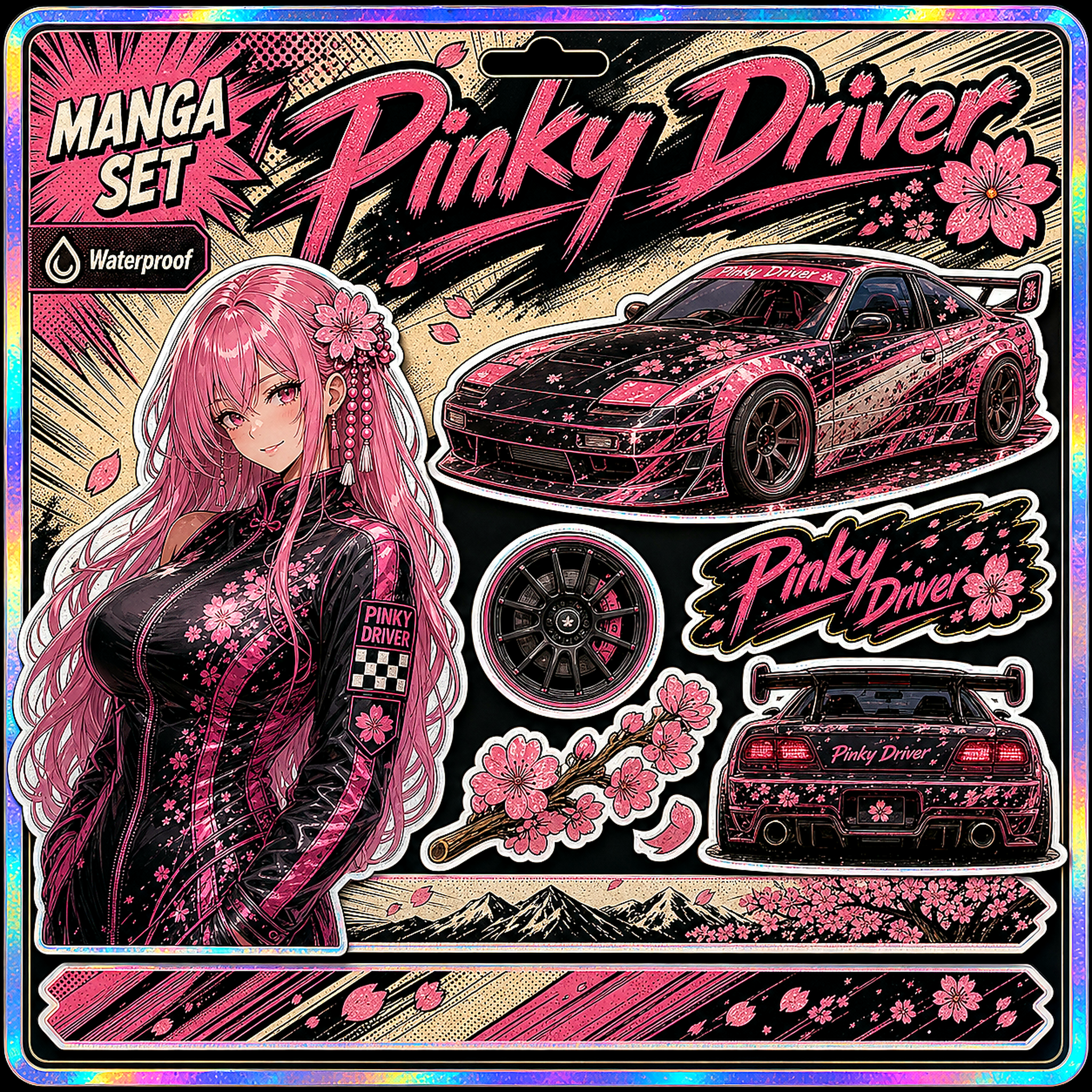 Pinky Driver Retro Manga sticker set flat lay
