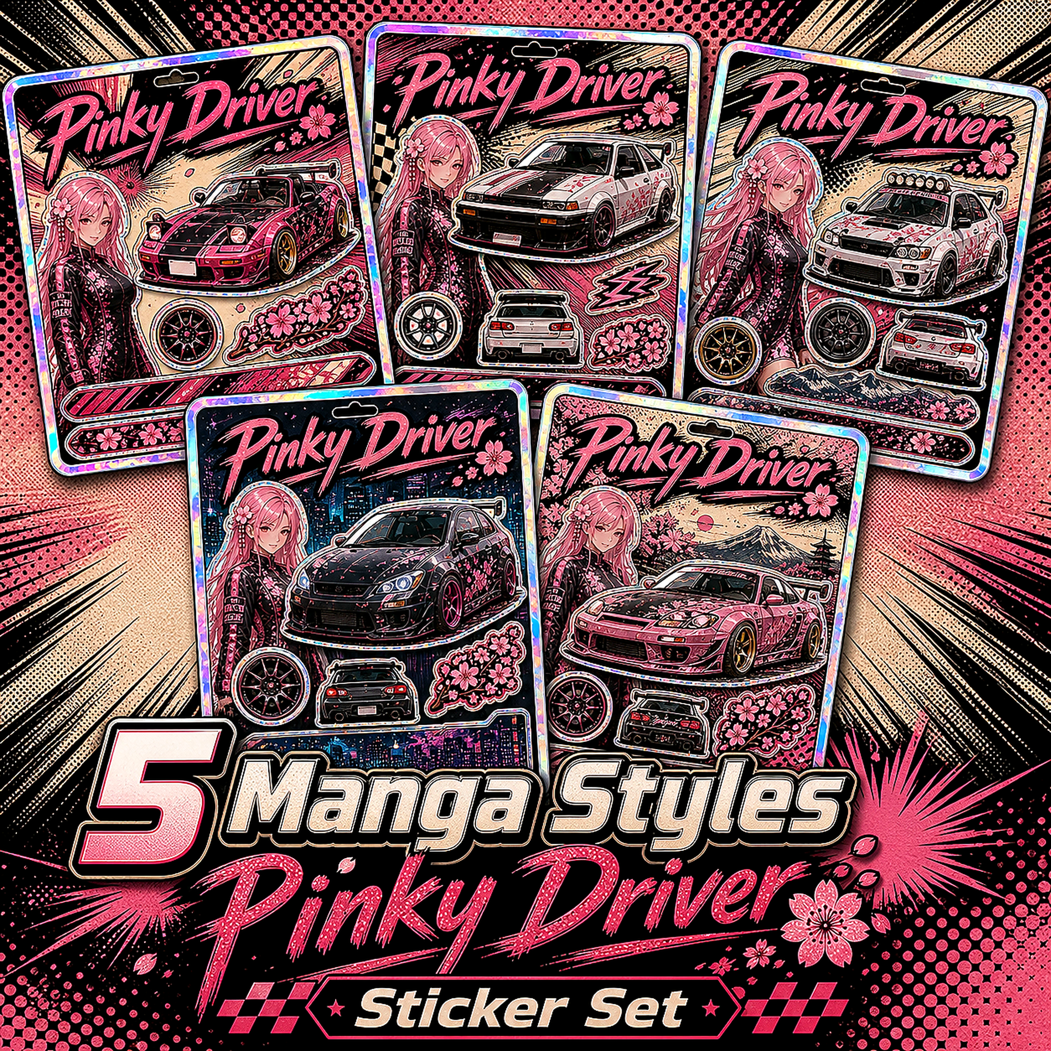 Pinky Driver Retro Manga sticker set bundle view