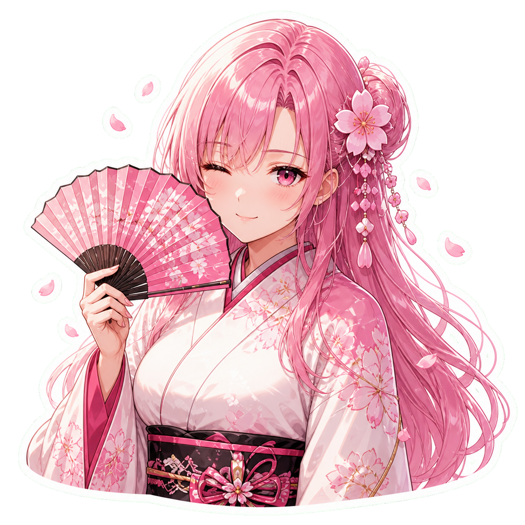 Winking sakura kimono driver portrait sticker