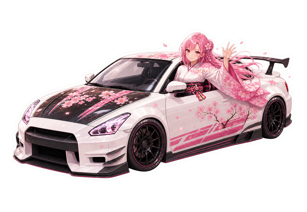 Sakura kimono driver waving from car sticker