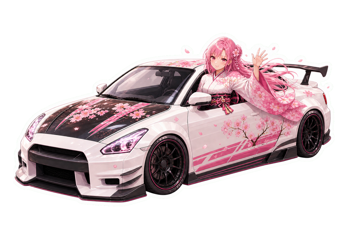 Sakura kimono driver waving from car sticker