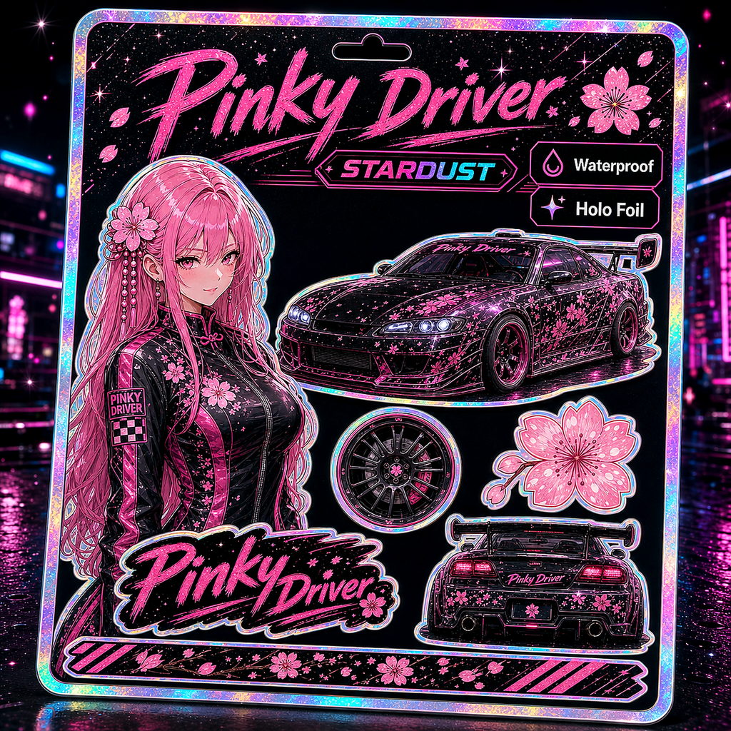 Pinky Driver Stardust Holo sticker set flat lay