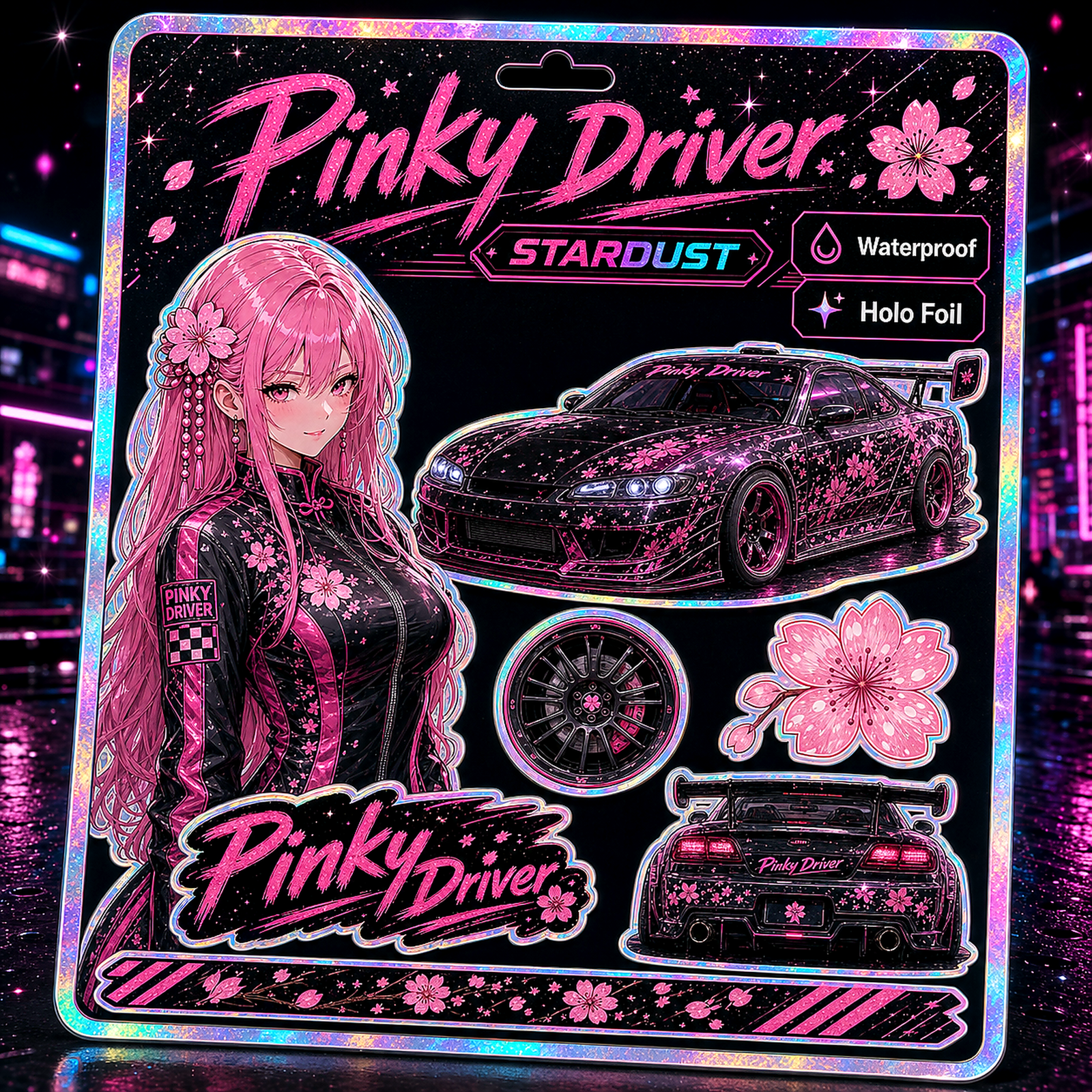 Pinky Driver Stardust Holo sticker set flat lay