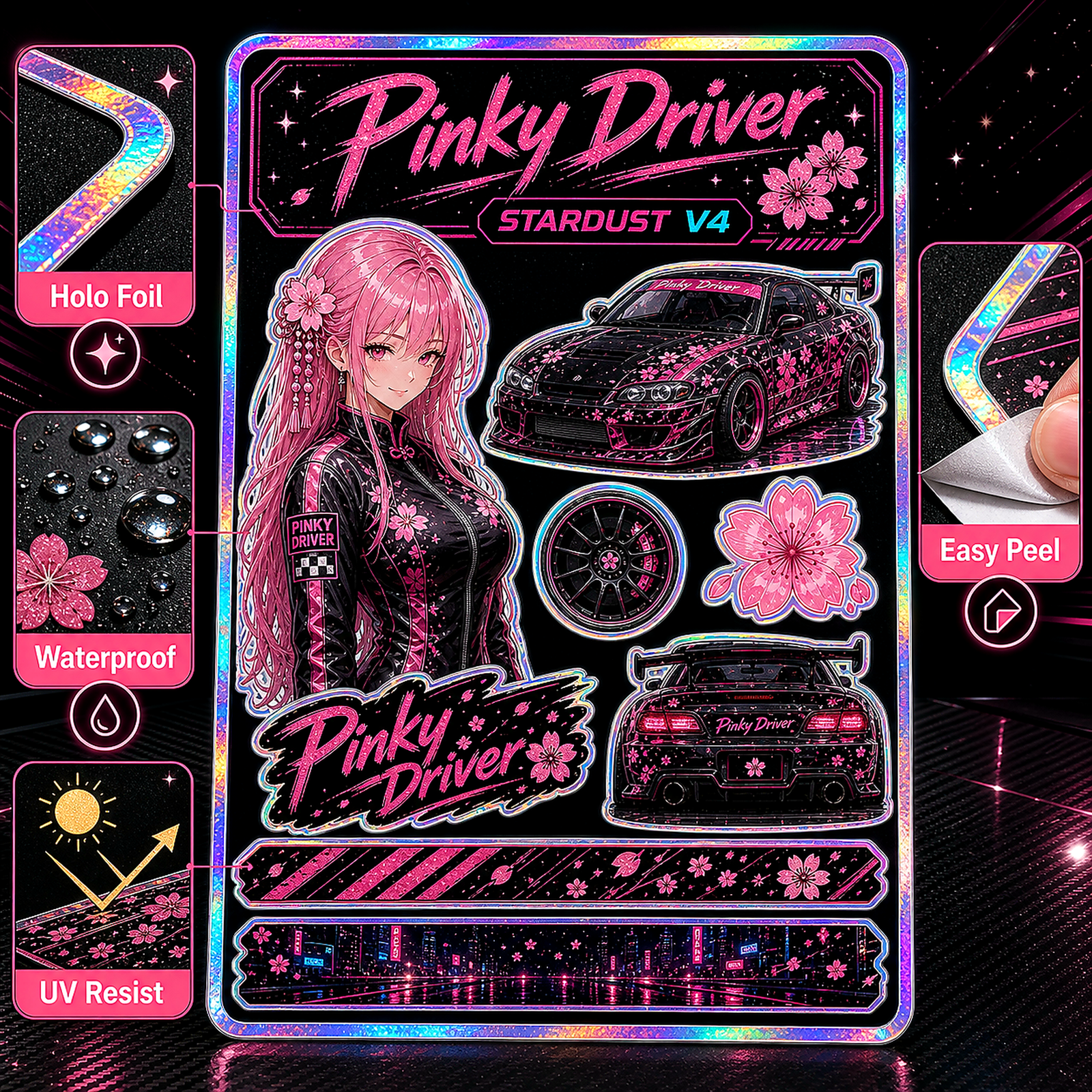 Pinky Driver Stardust Holo sticker set feature detail